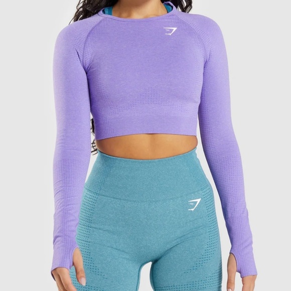 Gymshark Vital Seamless 2.0 Long Sleeve Crop Top Bright Purple Marl size XL - Picture 2 of 7